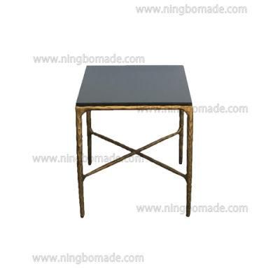 Rustic Hand Hammered Collection Furniture Forged Solid Iron Metal with Brass Color Thick Black Tempered Glass Sofa Table