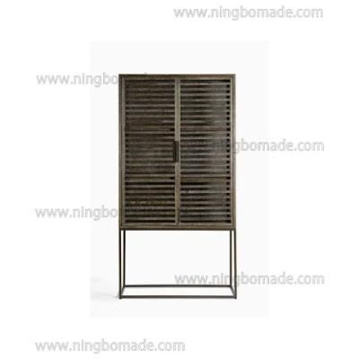Clean Rectangular Design Furniture Ebony Oak Iron and 2 Louvered Glass Doors Cupboard Cabinet