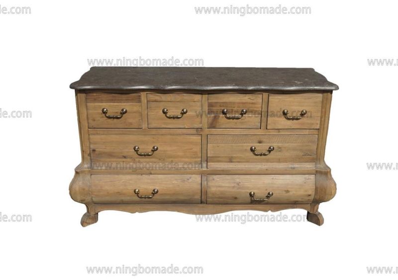 Nordic Rustic House Furniture Antique Nature Reclaimed Pine Dark Blue Stone 8 Drawers Chest