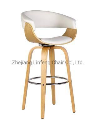 White PU Leather Seat Wooden Cocktail Teak High Swivel Bar Chair Stools