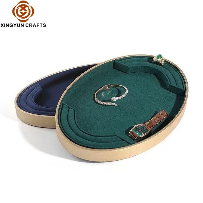 Wholesale Champagne Leather Jewelry Display Tray Exhibition Showcase Stand Ring Bangle Necklace Display Tray