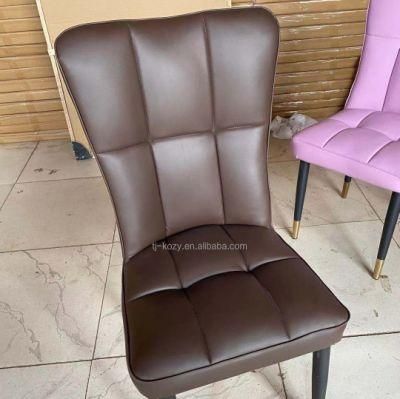 Nordic Light Luxury Design Synthetic Leather Sofa Dining Chair with Steel Legs Brown Leather Stylist Chair