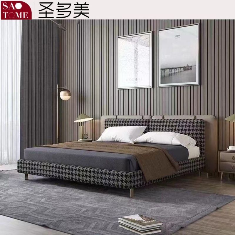 Wooden Frame Kachi Color with Houndstooth Leather Double Bed