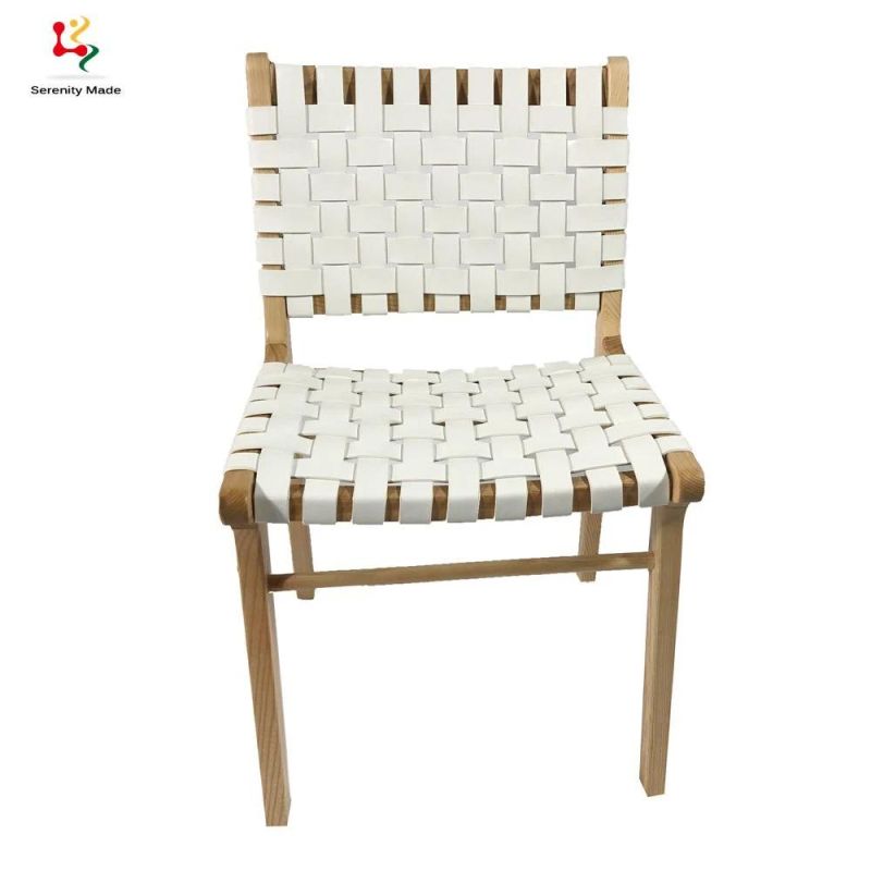 New Arrival Country Style Micro Fiber Leather Strap Woven Seat Restaurant White Bar Dining Chair