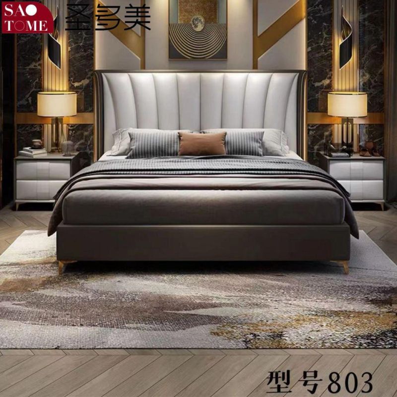 Modern Hotel Bedroom Furniture Dark Kaki Leather Double Bed