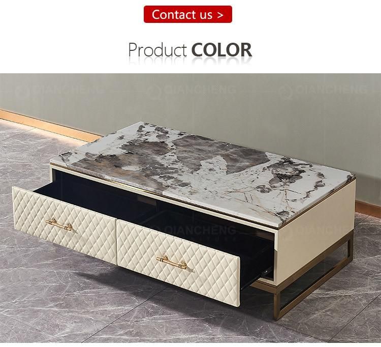 Modern Marble Top Gold Stainless Steel Legs Leather Smart Coffee Table for Living Room