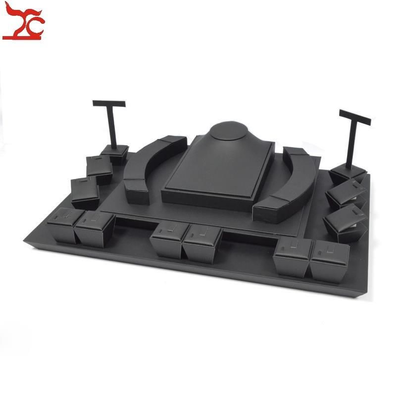 High Quality Black Leatherette Jewelry Display Set Necklace Bust Bracelet Stand Ring Holder Cabinet Showcase