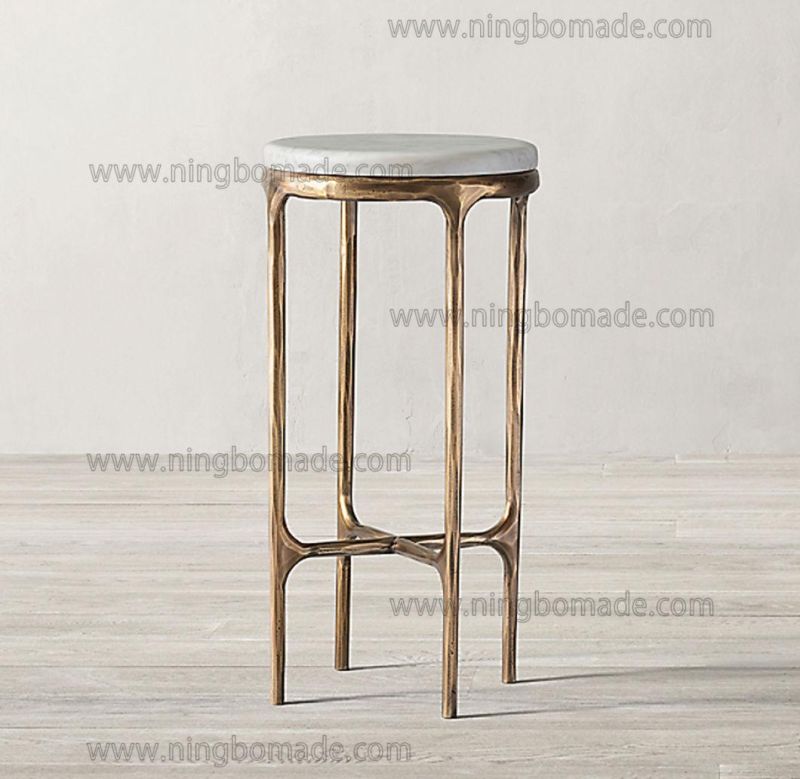 Rustic Hand Hammered Collection Furniture Forged Solid Iron Metal with Brass Color Thick White Cloud Marble High Round Side Table