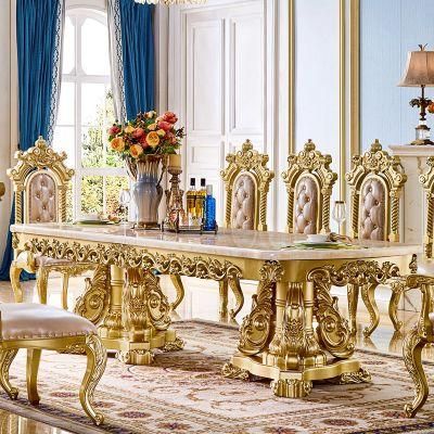 Wood Carved Classic Marble Top Dining Table with Dining Chairs and Wine Cabinets and Cupboard in Optional Furnitures Color
