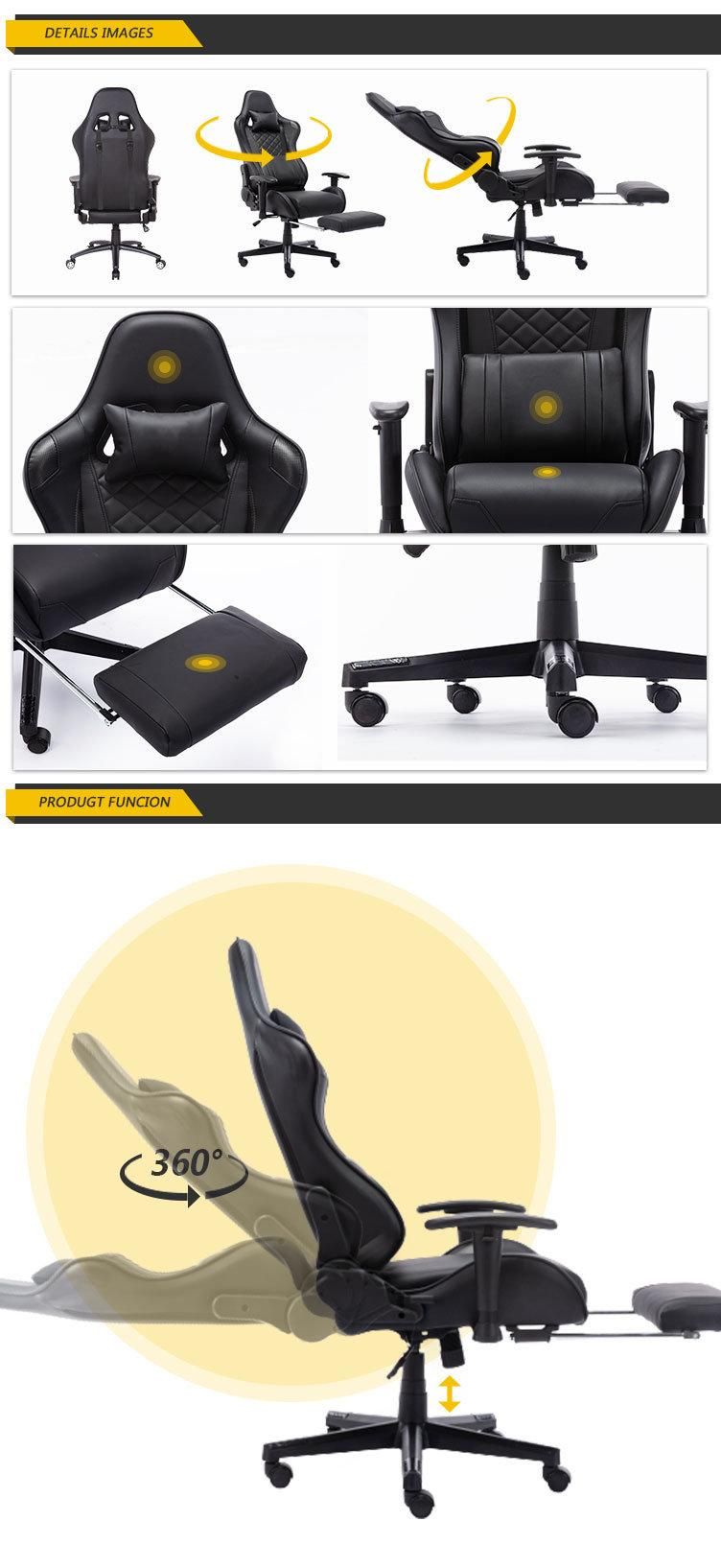 Factory Direct Wholesale Ergonomic Luxury Colorful PC Racing Reclining Chair Leather Gaming Office Chair with Footrestblack