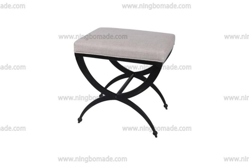 Nordic Country Farm House Design Furniture Grey Linen and Black Iron Bed End Small Stool