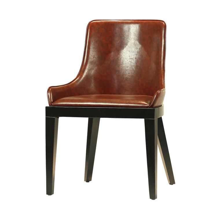 Dark Brown PU Leather Seat Wood Legs Dining Chair for Restaurant Use