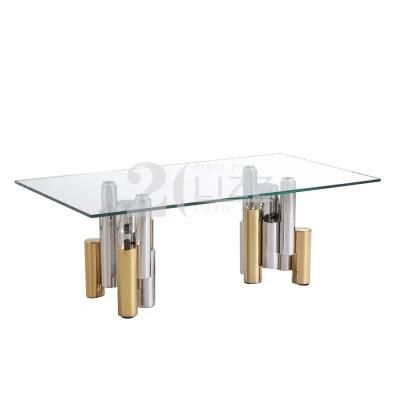 Gold and Silver Stainless Steel Leg European Style Living Room Furniture Modern Dining Room Top Glass Table