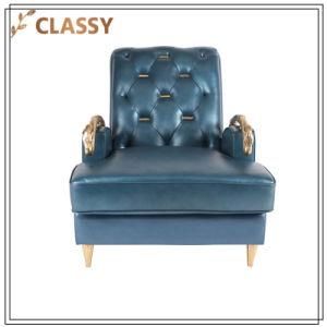 Gold Metal Frame Chaise Lounge Red and Blue Leather Top Leisure Chair