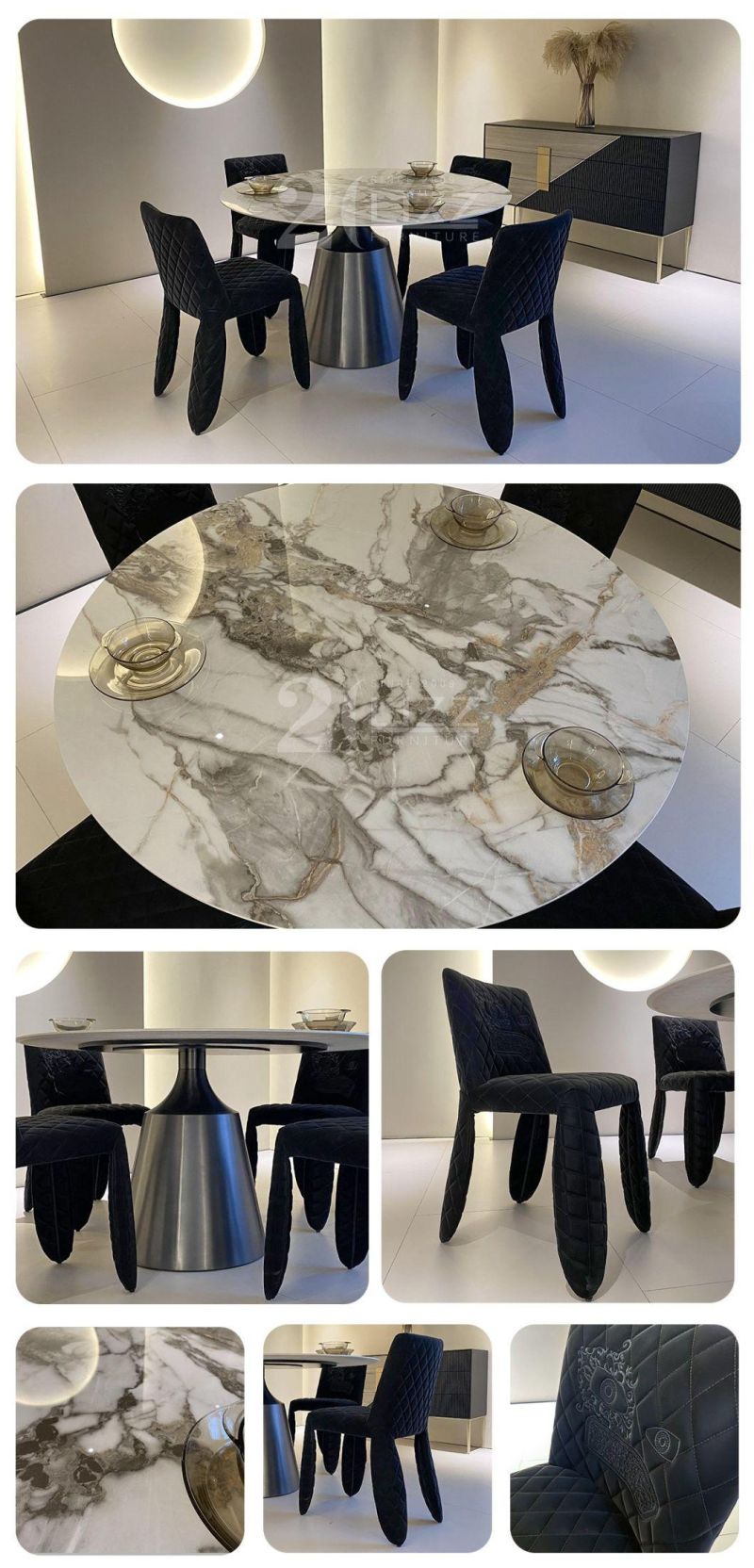 Luxury Metal Feet Round Shape Marble Top Table with Fabric Chair & Cabinet Dining Room Furniture Set