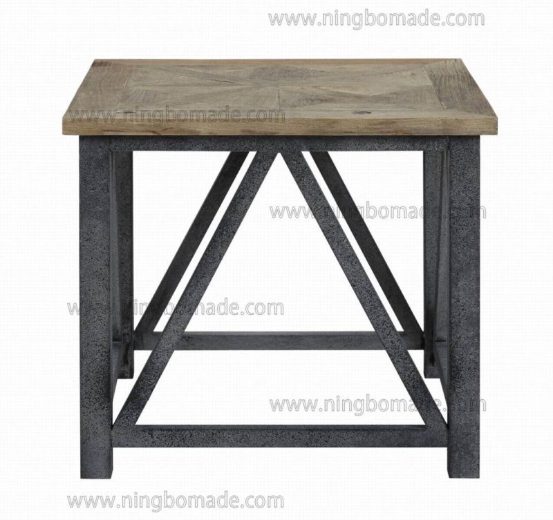 Antique Nordic Country Style Storage Pine Natural Reclaimed Elm with Grey Iron Metal Fixed Corner Coffee Table