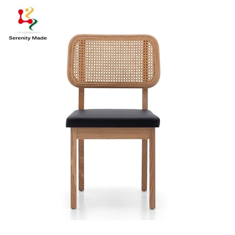 Modern Commerical Furniture Restaurtant Wooden Frame PU Leather Seat Rattan Back Dining Chair