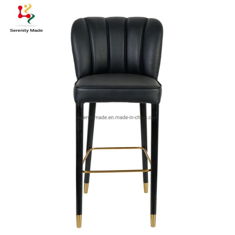Contemporary Black Leather Wood Legs Upholstered Bar Stool Chair
