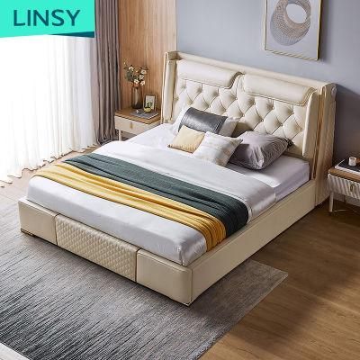 Linsy New High Quality White King Size Bedroom Modern Genuine Leather Bed R305