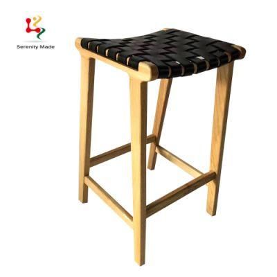 Modern Restaurant Furniture Black PU Leather Ash Wood Frame Lbar Stool Chair