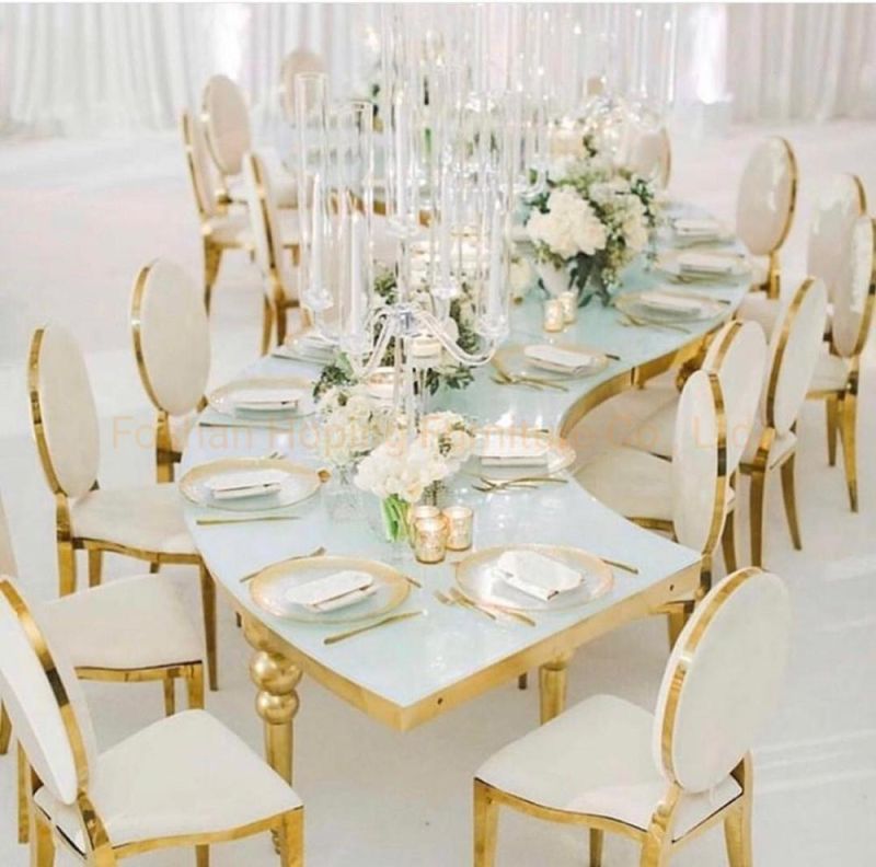 Modern White Hole Decoration Back Wedding Chair Gold Chair Fashion Cheap Hotel Banquet Chair Flower Painting Oval Back Simple Golden Dining Chair