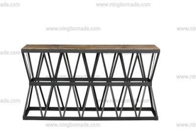 Nordic Modern Metal Furniture Natural Reclaimed Elm and Black Iron Rectangle Crossed Console Coffee Table