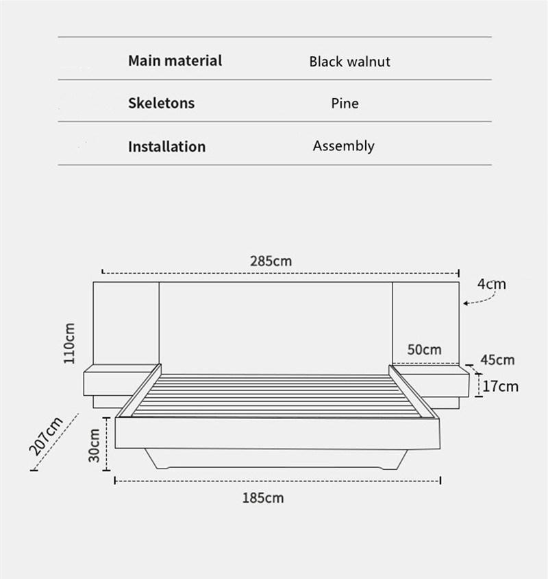 All Solid Wood Double Nordic Japanese Tatami Simple Modern Black Walnut 1.8 Meters Master Bedroom Large Bed 0014