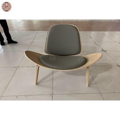 Shell Chair Leather Cushion Three Legs Wing Design Oak Wood Leisure Chair Manufacturer Supplier