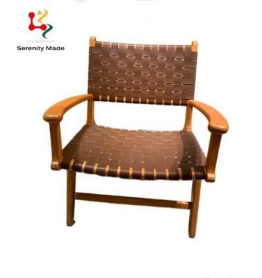 New Style Hotel Cafe Backyard Outdoor Furniture Wooden Ash Wood Saddle PU Leather Woven Leisure Chair with Armrest