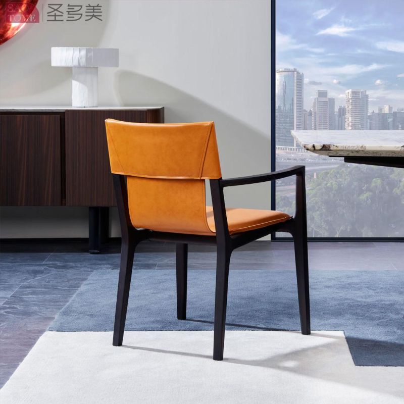 Modern Style Dining Room Furniture Leather Armrests Orange Dining Chairs