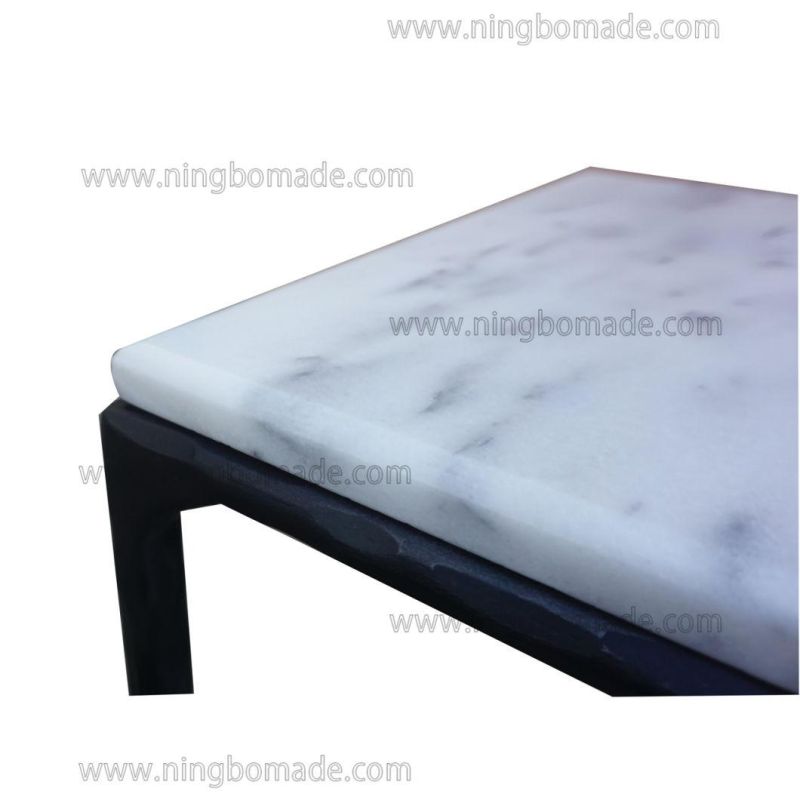 Thaddeus Sculptural Forged Collection White Cloud Marble Top Antique Black Solid Metal Base Square Corner Table