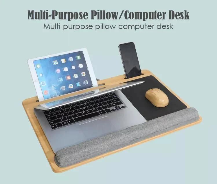 Wholesale Portable Bamboo Laptop Stand Wooden Lap Tray Bed Sofa Desk with Soft Pillow Cushion Computer Desk with Phone Slot