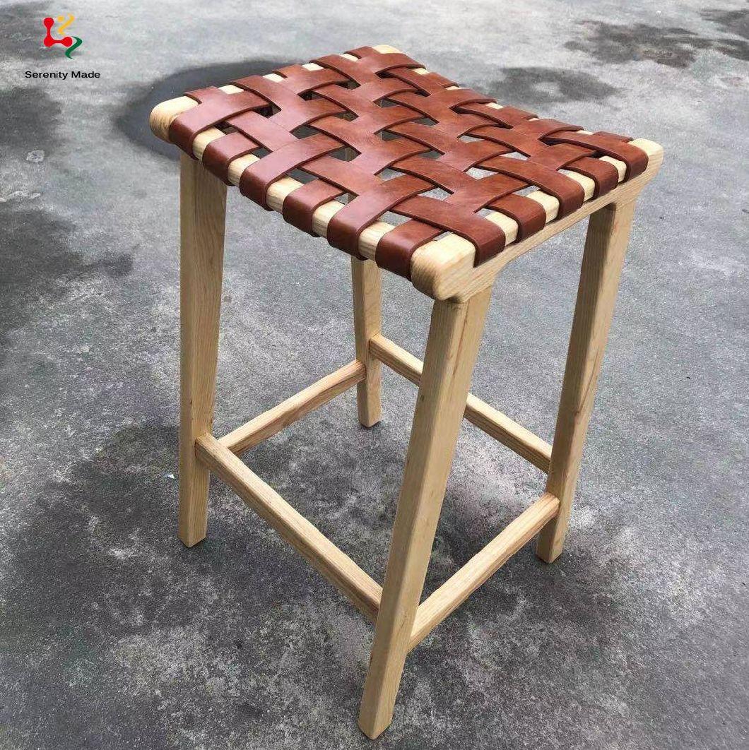 New Arrival Commercial Furniture Micro Fiber Leather Strap Solid Ash Timber Frame Bar Stool for Restaurant