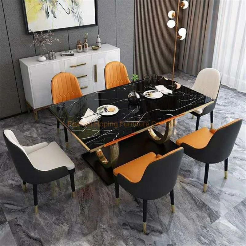 Modern Restaurant Furniture Hot Sale Iron Frame Leather Dining Chair Barcelona Event Furniture Modern Used Hotel Furniture Steel Dining Table and Chair Sets