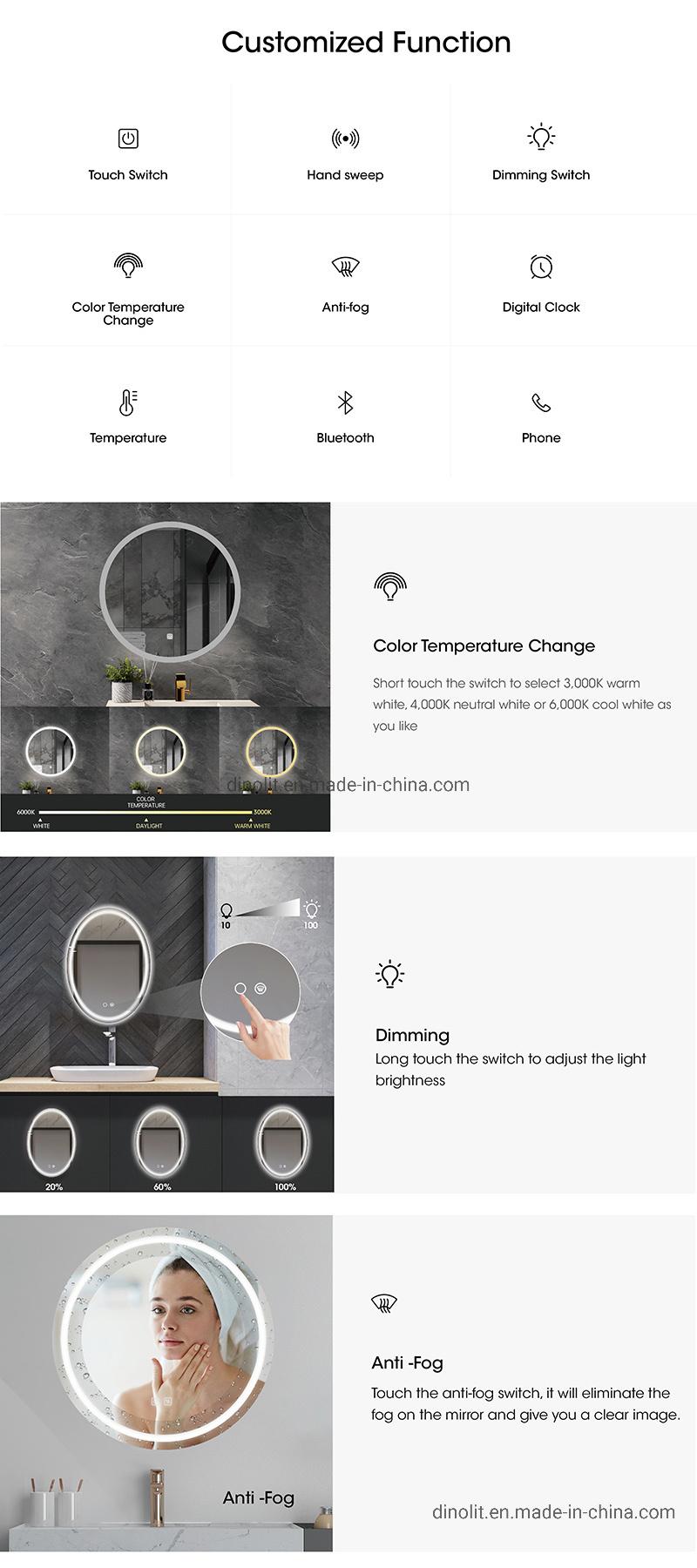 Modern Round Bathroom LED Mirror Wall Decoration Vanity Home Bath Mirrow with Leather/PU Belt Touch Switch Sensor Anti-Fog