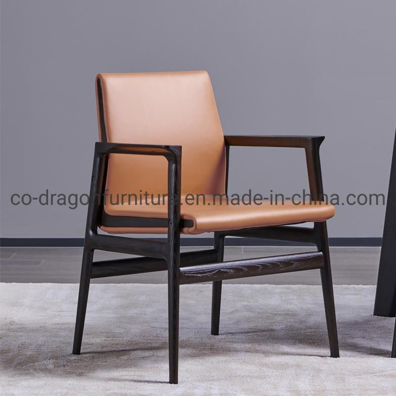 Fashion Wooden Dining Furniture Ash Leather Dining Chair with Arm