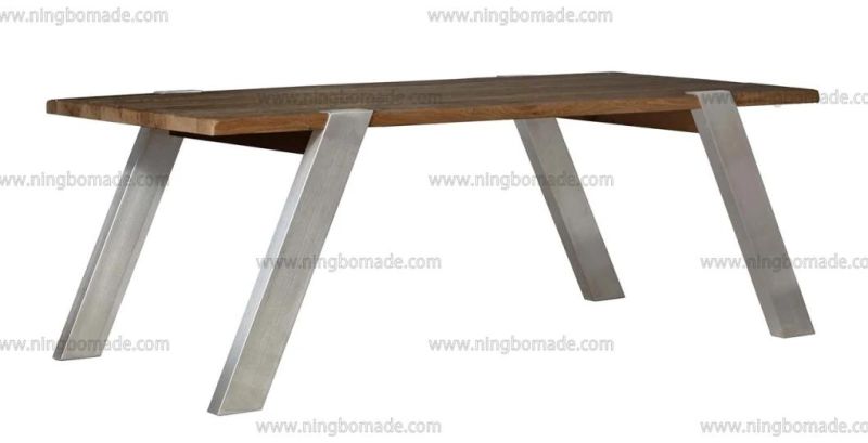 Nordic Country Farm House Design Furniture Old Nature Reclaimed Oak and Sanding Stainless Steel Oblique Dining Table