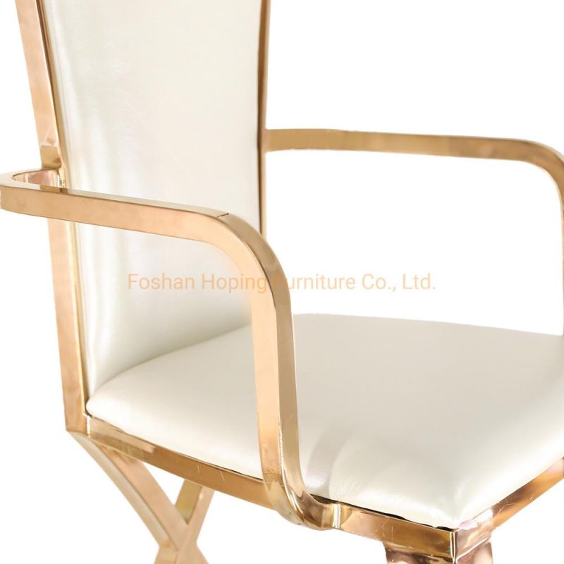 Modern Arm Chair Cross Back Tall Luxury Gold Chair Fabric Dining Chairs with Arms High Class Silver Metal Shining Stainless Steel White Wedding Dining Chairs