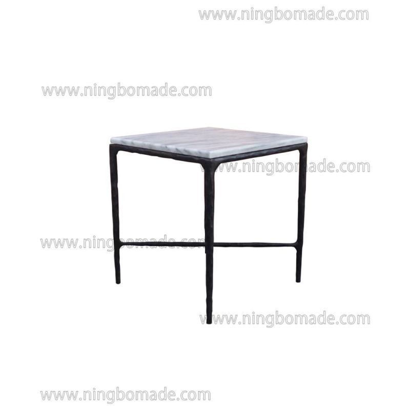 Thaddeus Sculptural Forged Collection White Cloud Marble Top Antique Black Solid Metal Base Square Corner Table