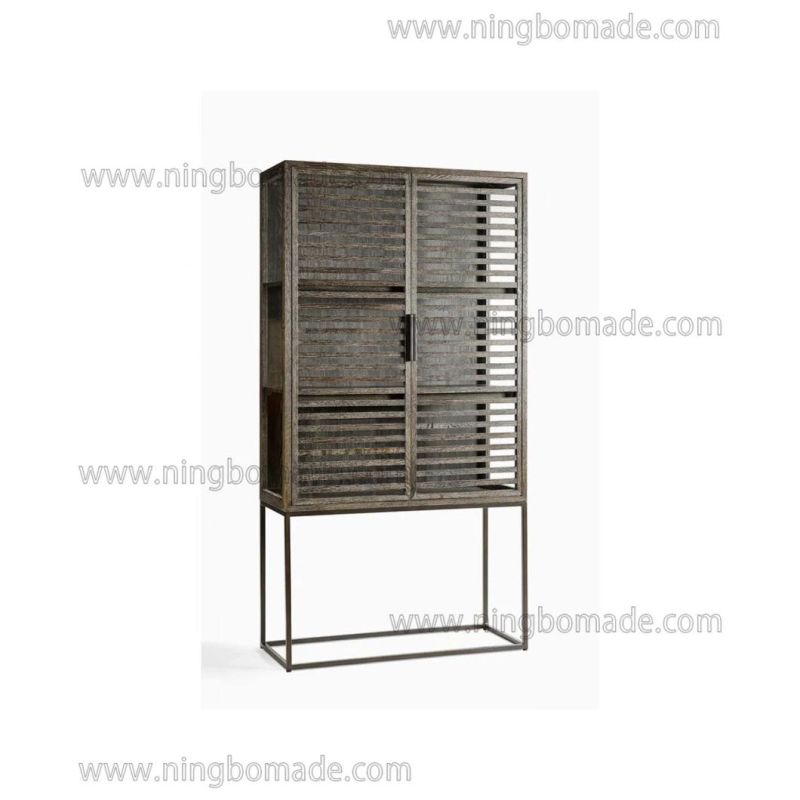 Clean Rectangular Design Furniture Ebony Oak Iron and 2 Louvered Glass Doors Cupboard Cabinet