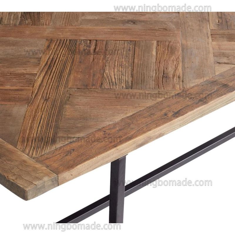 Grained Mosaic Parquet Furniture Natural Reclaimed Elm Top Rustic Black Iron Base Dining Table