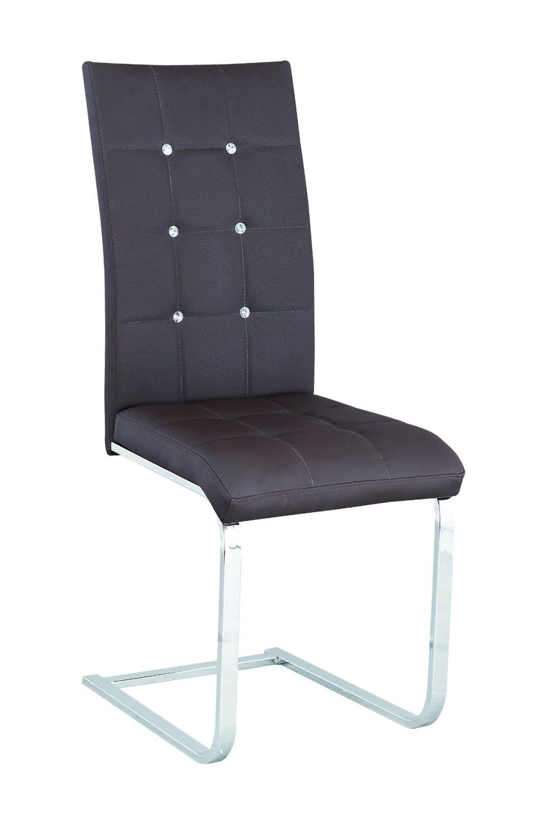 Brown PU with The Button on The Back Chrome Legs Dining Chair