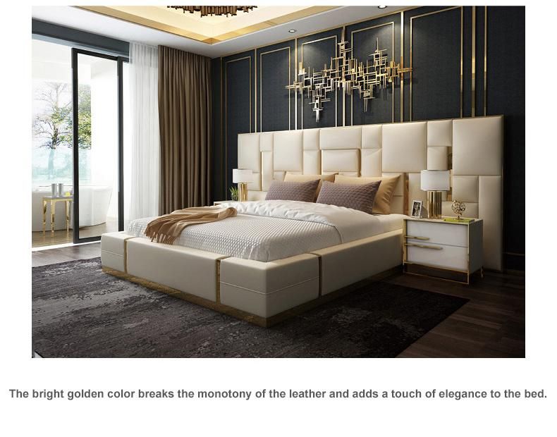Luxury King Genuine Leather Wood Big Headboard up-Holstered Bedroom Bed Sets