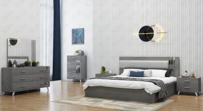 Nova Modern Design European Style Gray King Size Bed Wardrobe Bedroom Furniture Set with Metal Decoration Line