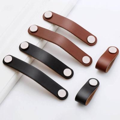 Leather 96 128mm Home Kitchen Cabinets Dresser Wardrobe Cupboard Drawer Door Brown Black European Style Cowhide Pulls Handles