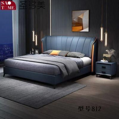 Modern Bedroom Furniture Sapphire Blue with Orange Leather Double Bed 1.5m 1.8m