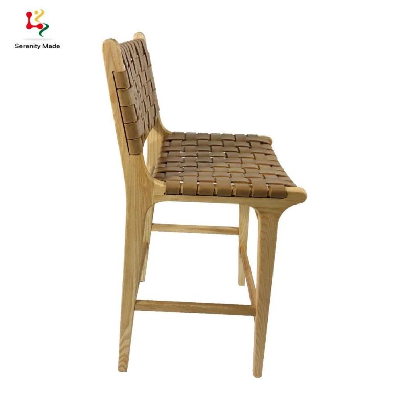 Vintage Country Style Cafe Furniture Natural Tan Micro Fiber Leather Strap Solid Ash Timber Frame Ash Wood Stool with Back