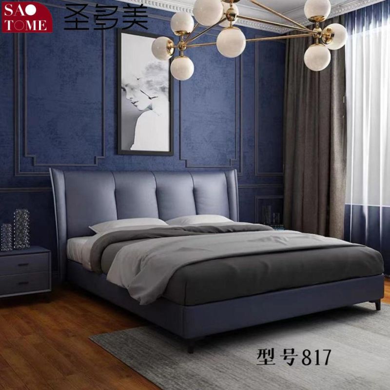 Solid Wood Frame Dark Blue Leather 1.5m 1.8m Double Bed