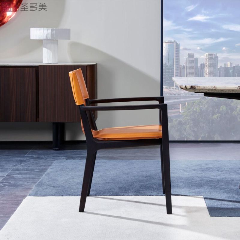 Modern Style Dining Room Furniture Leather Armrests Orange Dining Chairs