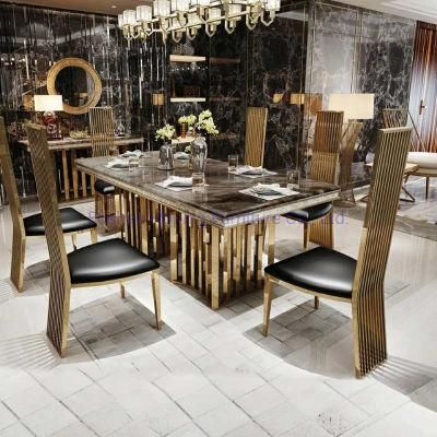 Luxury Classic Modern Marble Top 1+6 Set Brown Square Dining Table Set with Leather Chair